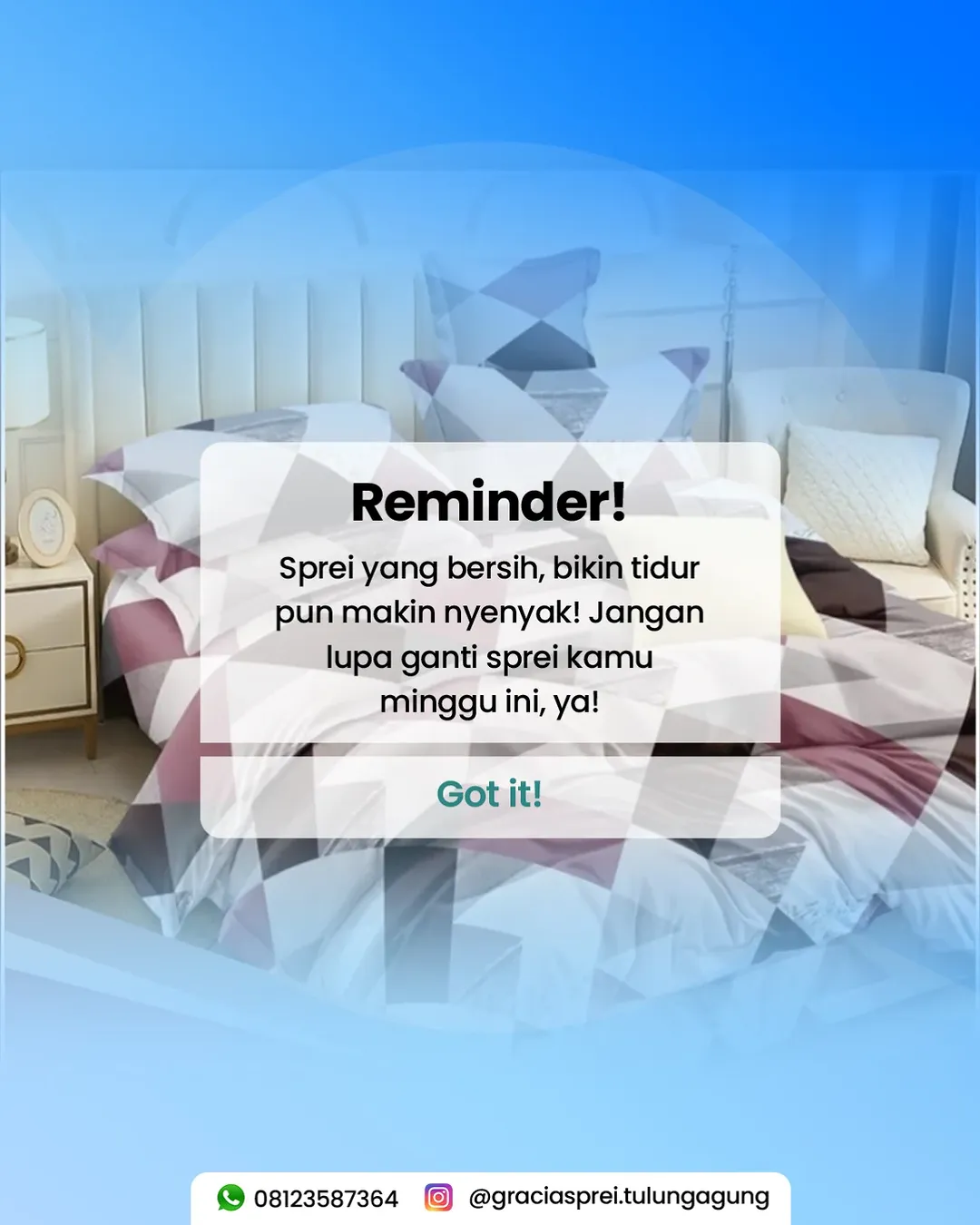 <p>Gracia menyediakan sprei yang bersih, bikin tid